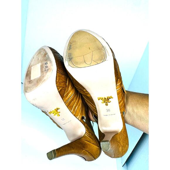 Prada Tan Leather Slingback Heels Size 36 Knotted Platform Sandals - Picture 6 of 11